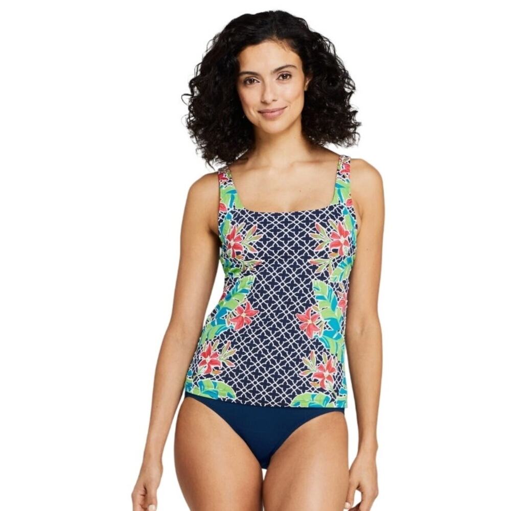LANDS' END Square Neck Underwire Tankini Navy Paisley - Size 8 DD